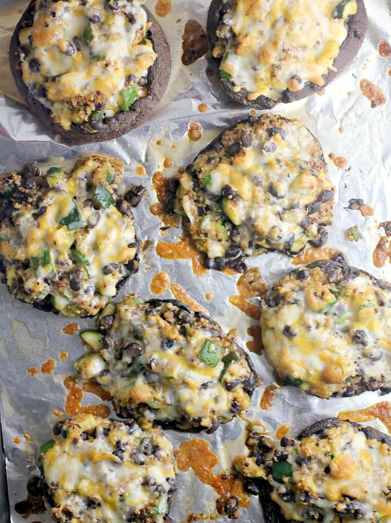 top down view of cooked mushrooms on a bake sheet