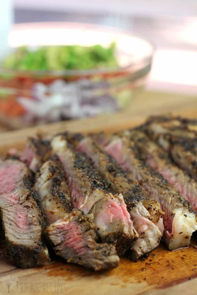 Coffee-Crusted Bone-in Ribeye with Avocado Relish from EricasRecipes.com