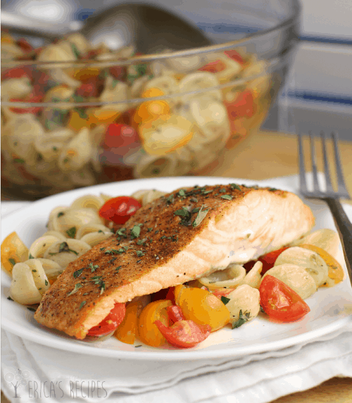 Easy Baked Salmon over Orecchiette with Raw Tomato Sauce from EricasRecipes.com