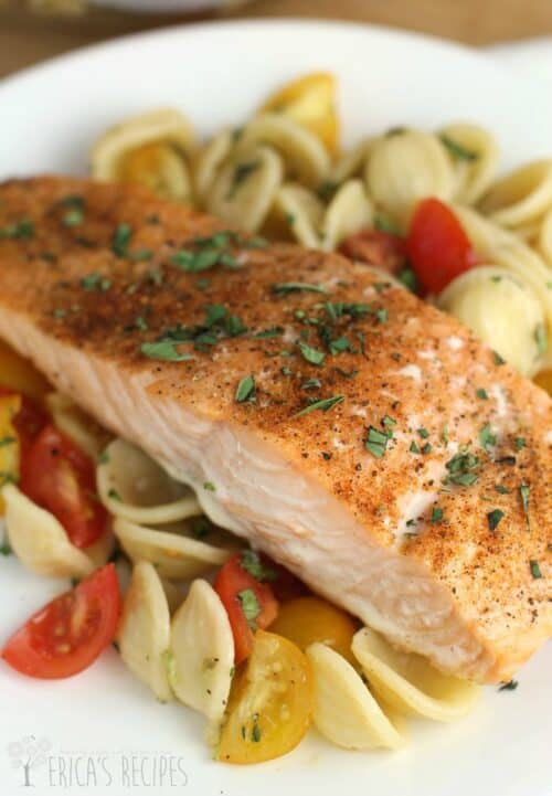 Easy Baked Salmon over Orecchiette with Raw Tomato Sauce from EricasRecipes.com