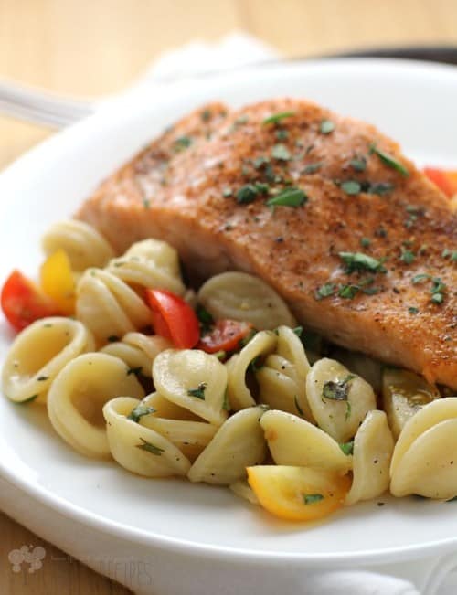 Easy Baked Salmon over Orecchiette with Raw Tomato Sauce from EricasRecipes.com