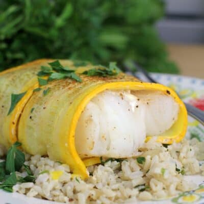 Golden Zucchini Wrapped Cod over Garlic Cilantro Rice from EricasRecipes.com