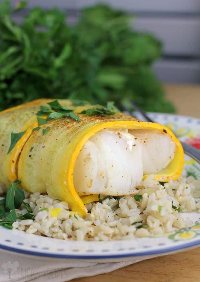 Golden Zucchini Wrapped Cod over Garlic Cilantro Rice