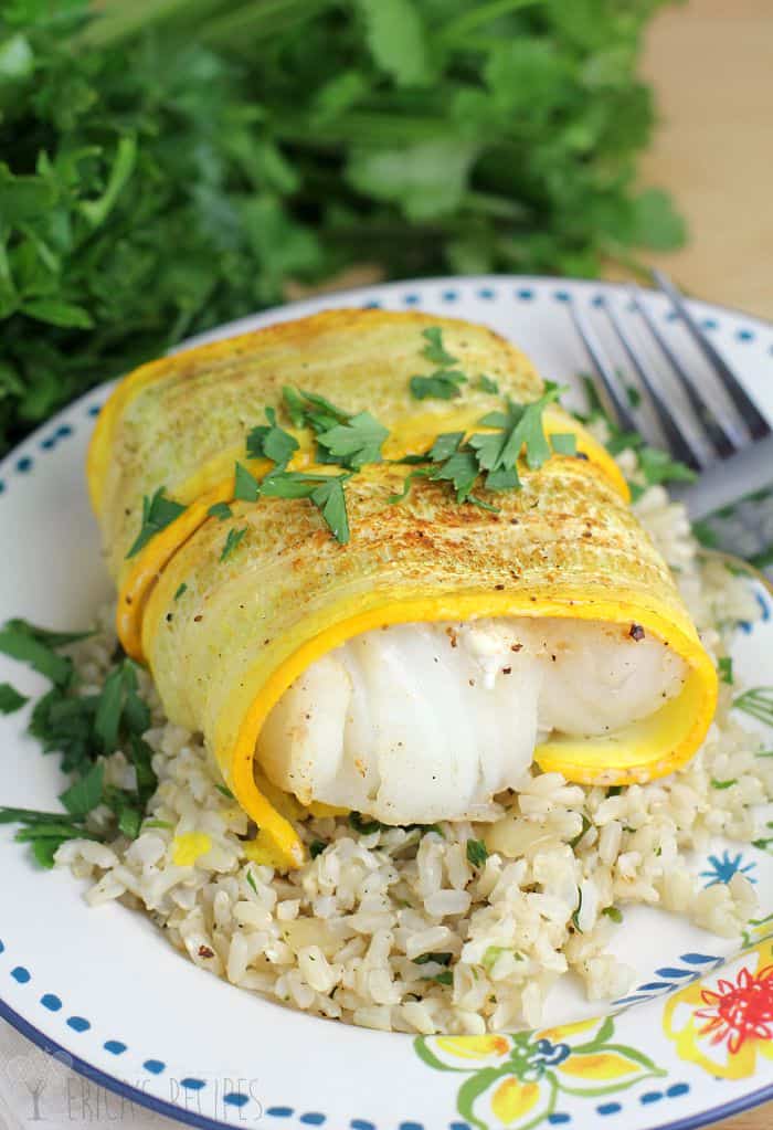 Golden Zucchini Wrapped Cod over Garlic Cilantro Rice from EricasRecipes.com