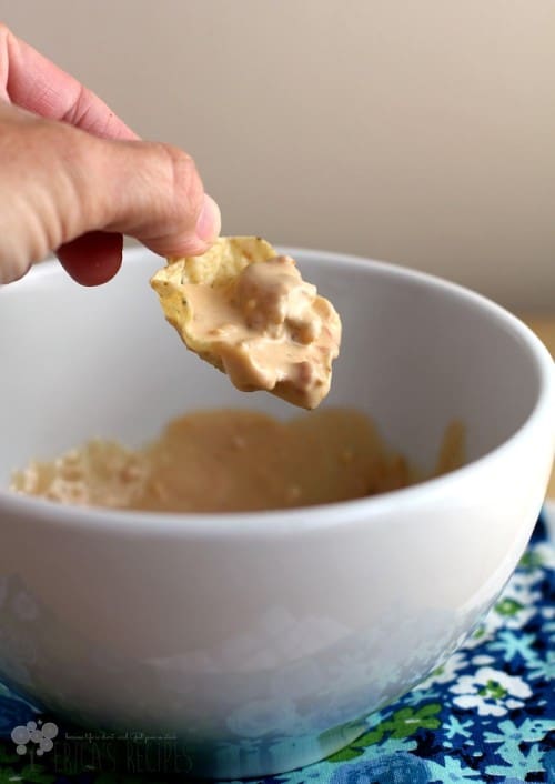 A hand with a scoop tortilla chip scooping up some of the queso