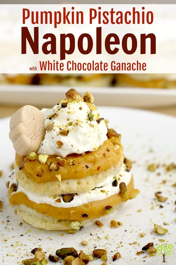 Pumpkin Pistachio Napoleon with White Chocolate Ganache. Dreamy pumpkin pudding and decadent white chocolate ganache, layered with buttery puffed pastry and pistachios make this easy, fall dessert such a special treat. #food #recipe #fall #dessert #pumpkin #easyrecipe #chocolate #napoleon