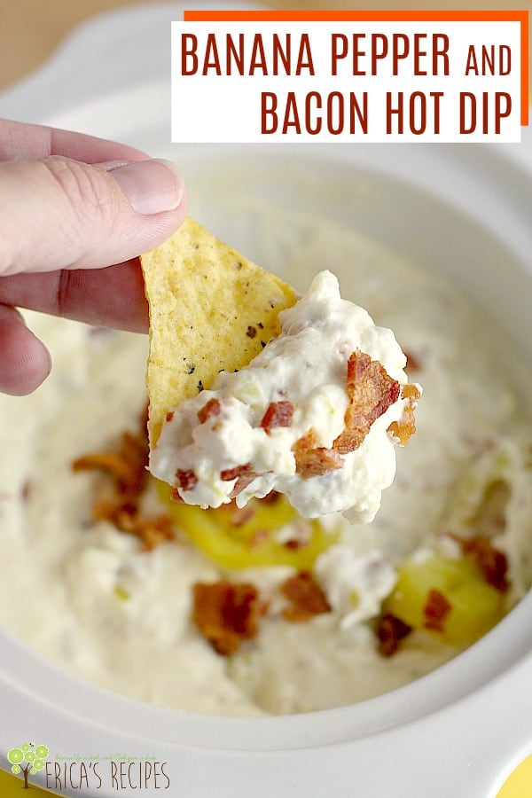 Tangy tasty banana peppers and crispy salty bacon in a warm and creamy cheesy dip. If you need a last minute, throw it together, delicious chip dip for the holidays, Banana Pepper and Bacon Hot Dip is a perfect recipe. #recipe #food #dip #partyfood #footballfood #cheese #bacon #entertaining #slowcooker #crockpot