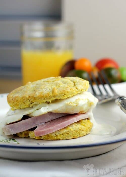 Ham, Egg, and Dijon Gravy over Butternut Squash Biscuits