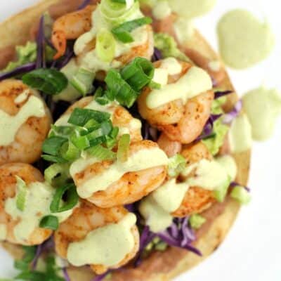 Shrimp Chalupas with Roast Poblano Sauce from EricasRecipes.com