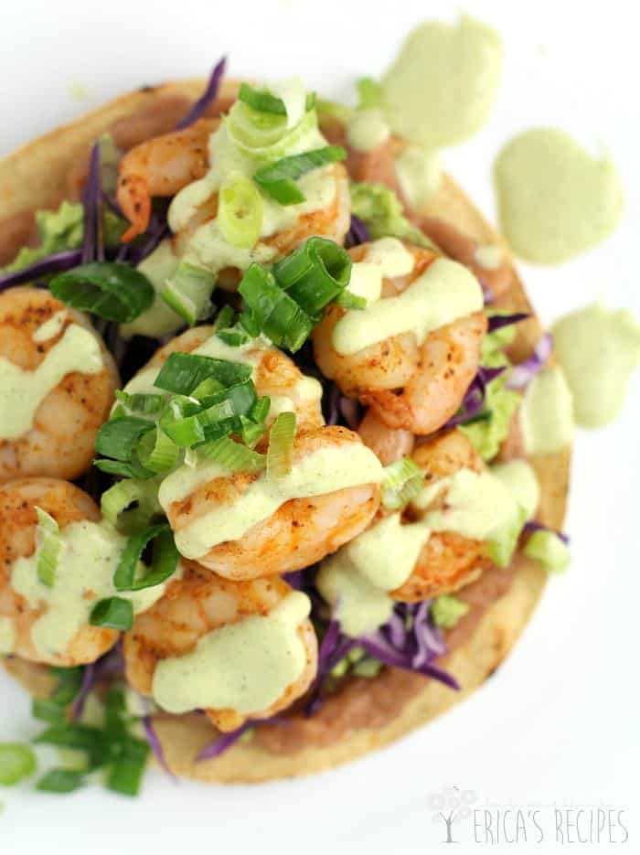 Shrimp Chalupas with Roast Poblano Sauce from EricasRecipes.com