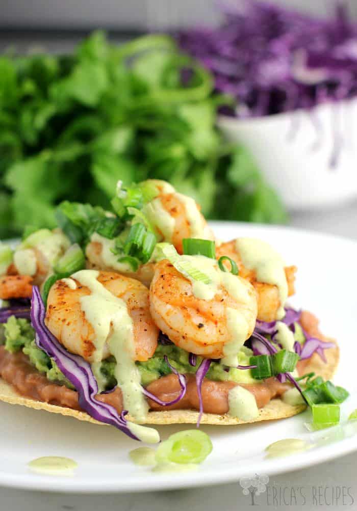 Shrimp Chalupas with Roast Poblano Sauce from EricasRecipes.com