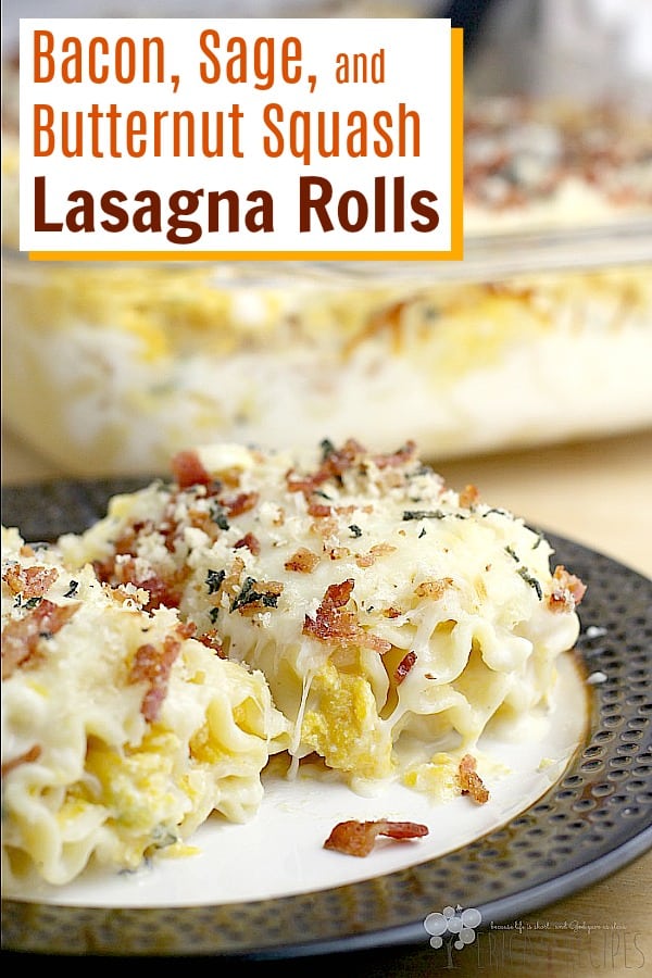 Delicious rolls of tender pasta, filled with a luxurious squash filling, baked in bechamel, loaded with cheese, and topped with the tastiest crunchy bacon topping ever. Bacon, Sage, and Butternut Squash Lasagna Rolls are worthy of every special occasion, dinner guest, holiday celebration, or just because. #food #recipe #fall #butternutsquash #lasagna #bacon #cheese