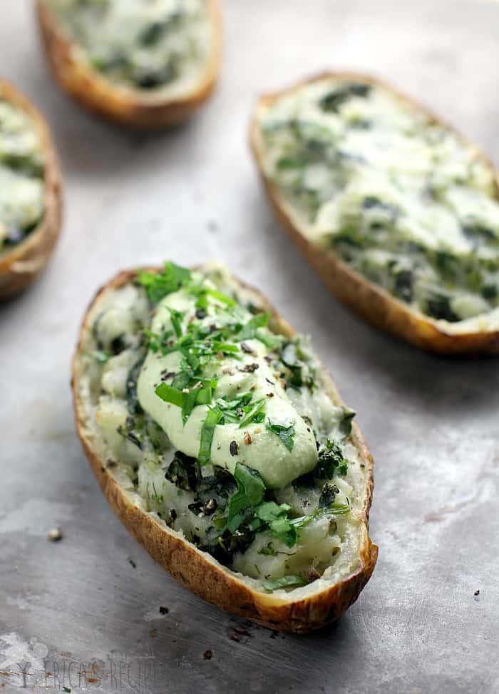 Twice Baked Broccoli and Kale Potatoes with Cashew Avocado Cream {Vegan}