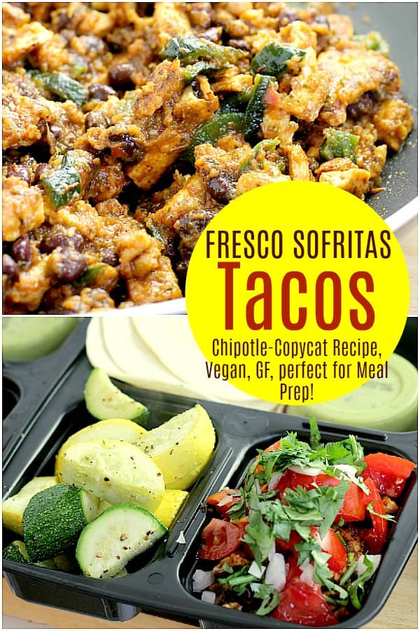 This restaurant-inspired, make-ahead Vegan Fresco Sofritas Tacos lunch uses tofu as the blank canvas, then yumms it all up with an amazing sauce with roasted tomatoes and poblano pepper. The depth of flavor will satisfy you all week at lunch, in the vegan, dairy-free, gluten-free, cruelty-free, healthiest way. #food #vegan #vegetarian #mealprep #lunch #healthy #glutefree #dairyfree #copycat