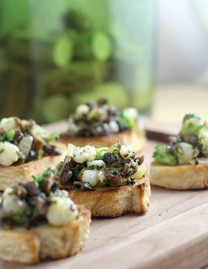 Winter Crostini with Mushrooms, Broccoli, and Hominy