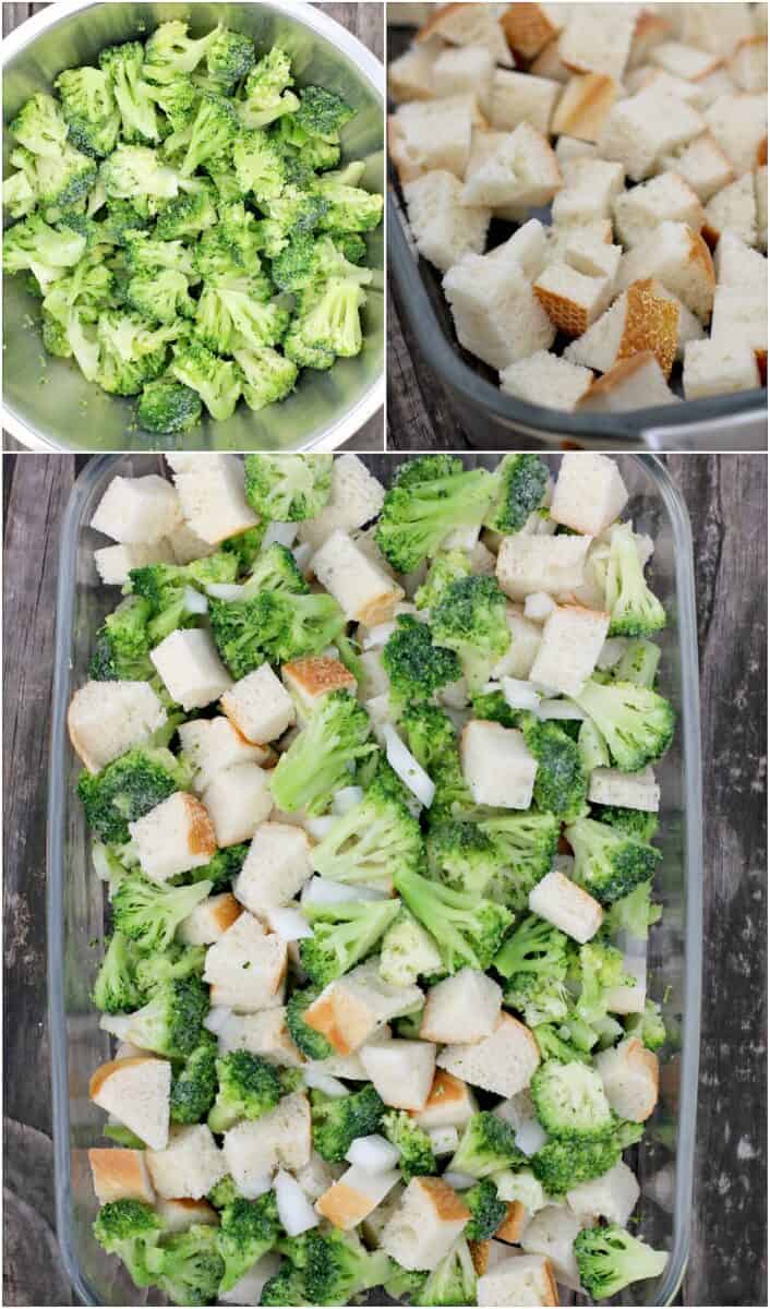 collage of 3 photos: top left, chopped broccoli in metal bowl; top right, bread cubes in pyrex dish; bottom; broccoli, bread cubes, and onion in pyrex dish