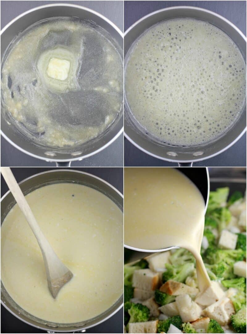 collage of 4 photos: top left, butter and flour in saucepan; top right, roux; bottom left, cheese sauce in saucepan with wood spoon; bottom right, cheese sauce being poured over broccoli and bread