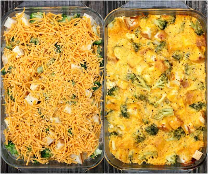 collage of 2 photos: left, assembled casserole; right, baked casserole. Both have weathered wood backgrounds.