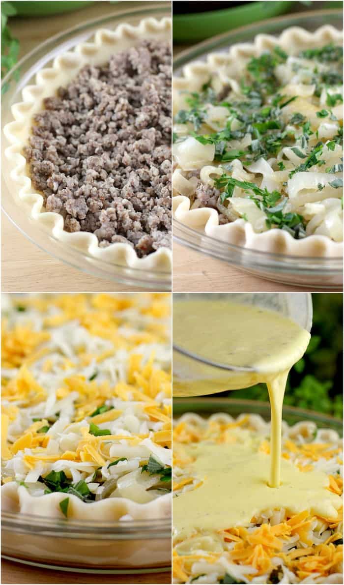 collage of 4 photos: sausage in pie shell; onions and herbs layered over sausage; cheese layer; egg mixture pouring over the cheeses