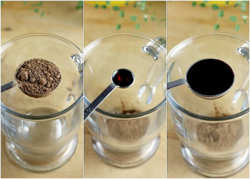 collage of 3 photos, each with measuring spoon over glass mug: cocoa, vanilla, beet juice