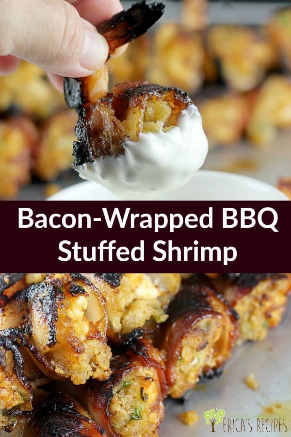 Huge shrimp stuffed with a classic RITZ cracker seafood stuffing, wrapped in bacon, doused in Chipotle Dr Pepper BBQ sauce, and grilled over coals for an epic bite that will win all the parties. #shrimp #footballfood #superbowl #seafood #tailgate #grill #grillrecipes #partyfood