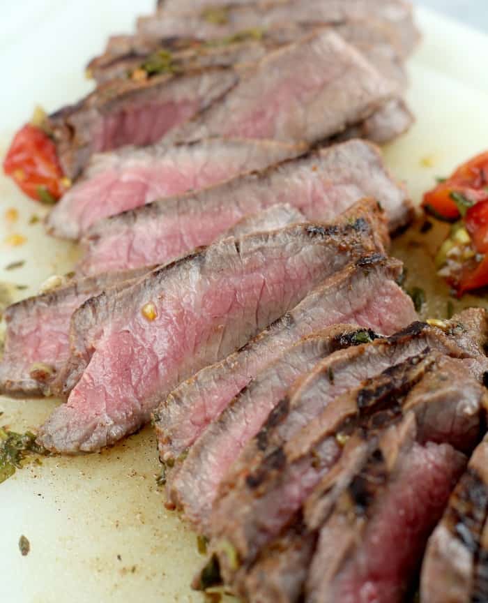 sliced cooked steak, lightly pink in the center