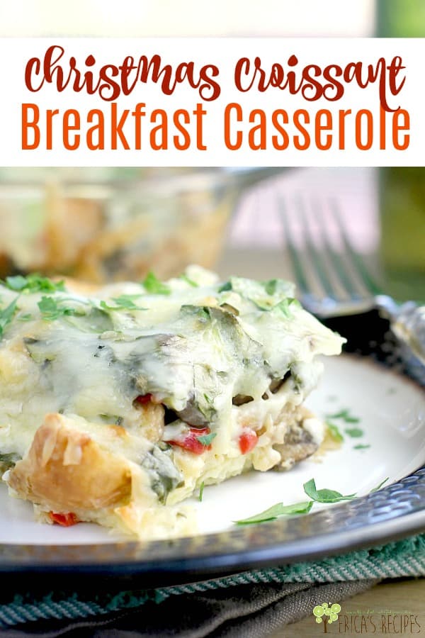 Christmas Croissant Breakfast Casserole is the perfect solution to the "what should I give them for breakfast" holiday question. This creamy, cheesy, egg-y recipe is assembled the night before, so all you have to do is bake in the morning. And with mushrooms, red bell pepper, and [surprise] poblano pepper AND three cheeses, this decadent vegetarian dish will become a family favorite for all. #breakfast #casserole #christmas #holiday #vegetarianrecipe