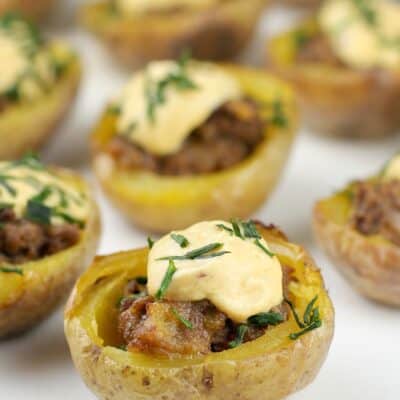 mini potato skins on white dish