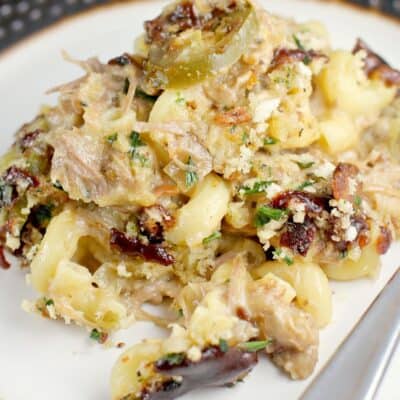 Pulled Pork Macaroni and Cheese with Crispy Bacon and Herb Topping