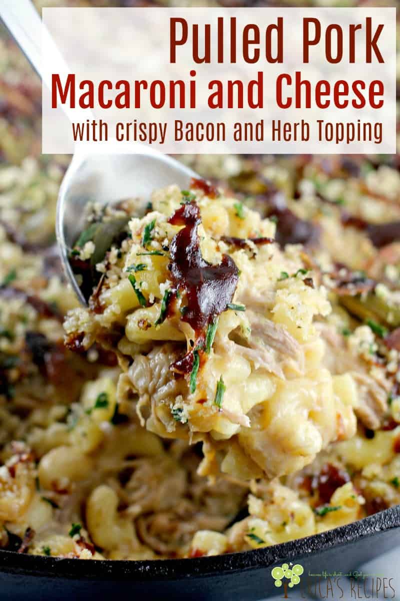 Pulled Pork Macaroni and Cheese with Crispy Bacon and Herb Topping #food #recipe #macncheese #macaroniandcheese #slowcooker #pulledpork #bacon