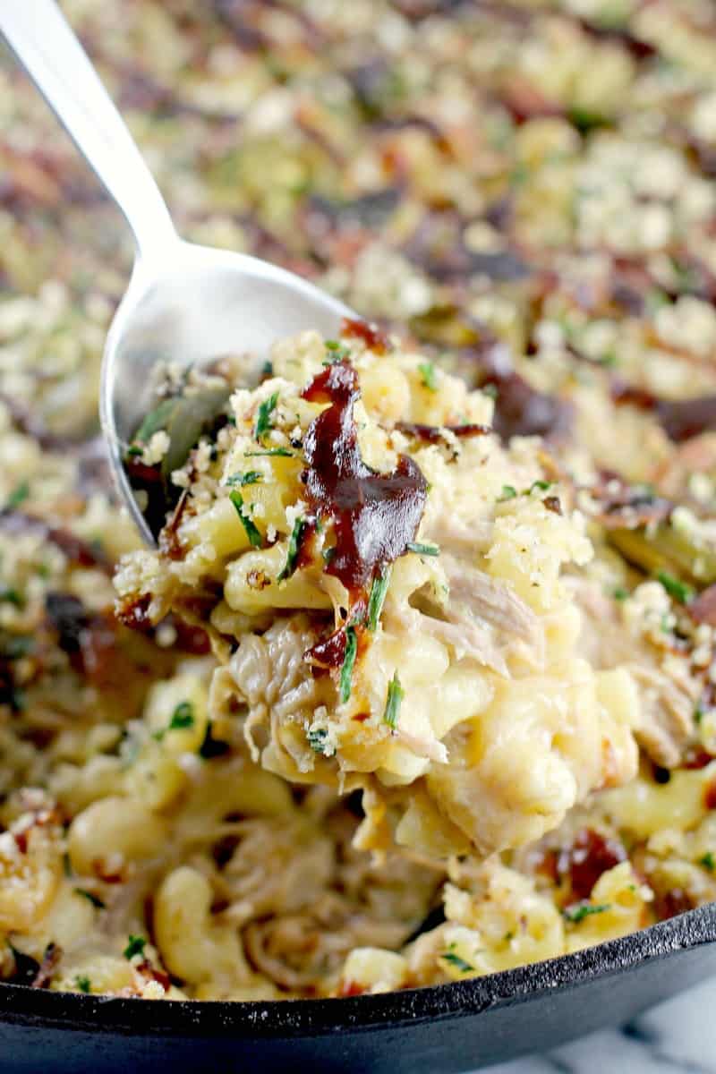 Pulled Pork Macaroni and Cheese with Crispy Bacon and Herb Topping