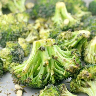 Oven Roasted Broccoli in Dijon Pesto Vinaigrette