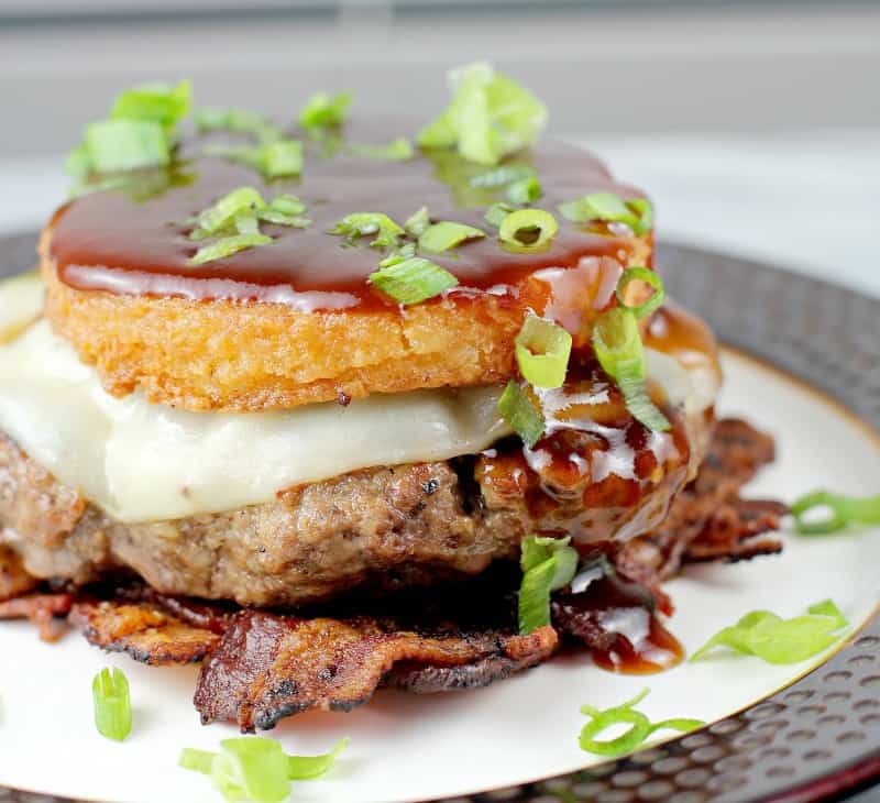 Low Country BBQ Burger with Bacon Weave and Smoked Gouda Grit Cake