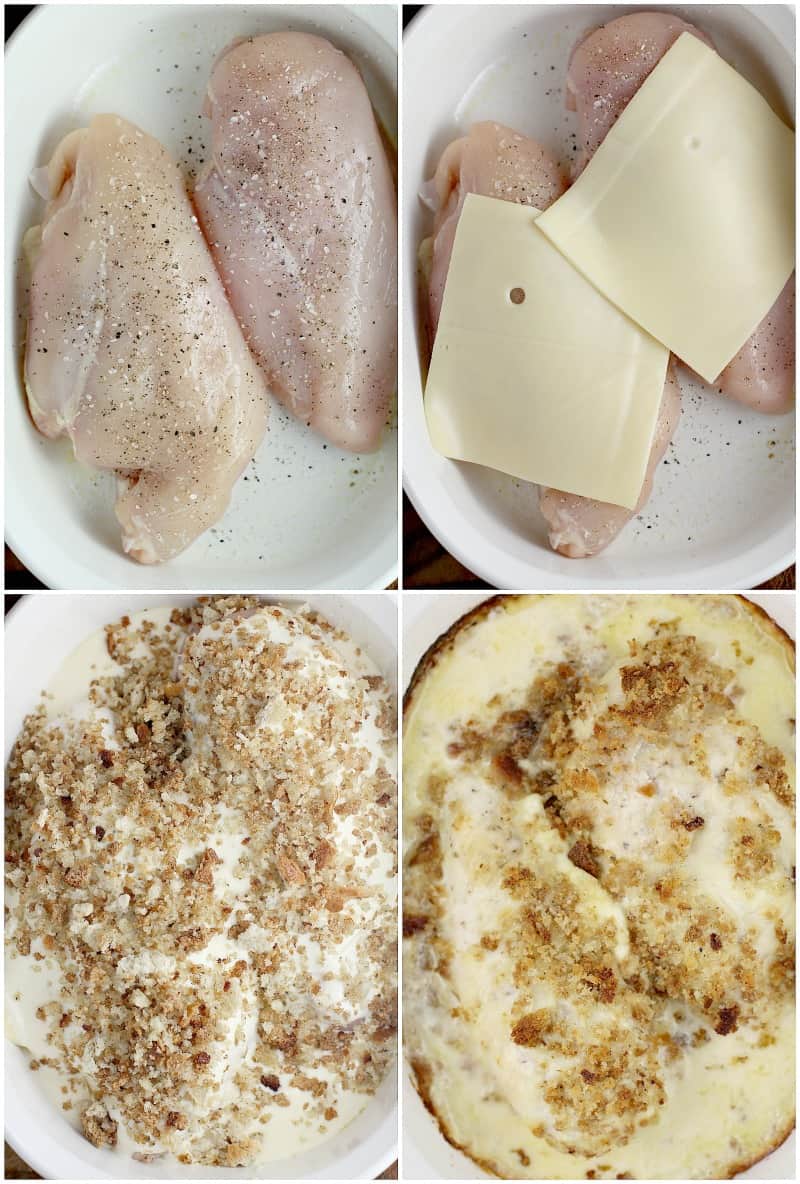 collage of 4 photos showing the steps for assembly: upper left, chicken in a dish; upper right, cheese on chicken; lower left, topping on cheese; lower right, baked casserole