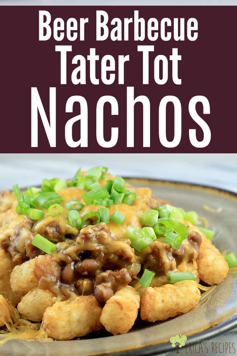 Beer Barbecue Tater Tot Nachos! Sweet Boston baked beans are spruced up with sausage, barbecue sauce, and beer for a super easy, DELICIOUS flavor combination. Then we layer our Beer Barbecue baked beans onto crunchy tater tots (Air Fryer instructions included!) and top with cheese to complete our totchos (aka tater tot nachos). #totchos #tatertotnachos #airfryer #food #recipe #footballfood #partyfood #fun #sausage #Bostonbakedbeans #semihomemade #layereddip #nachos #loadednachos