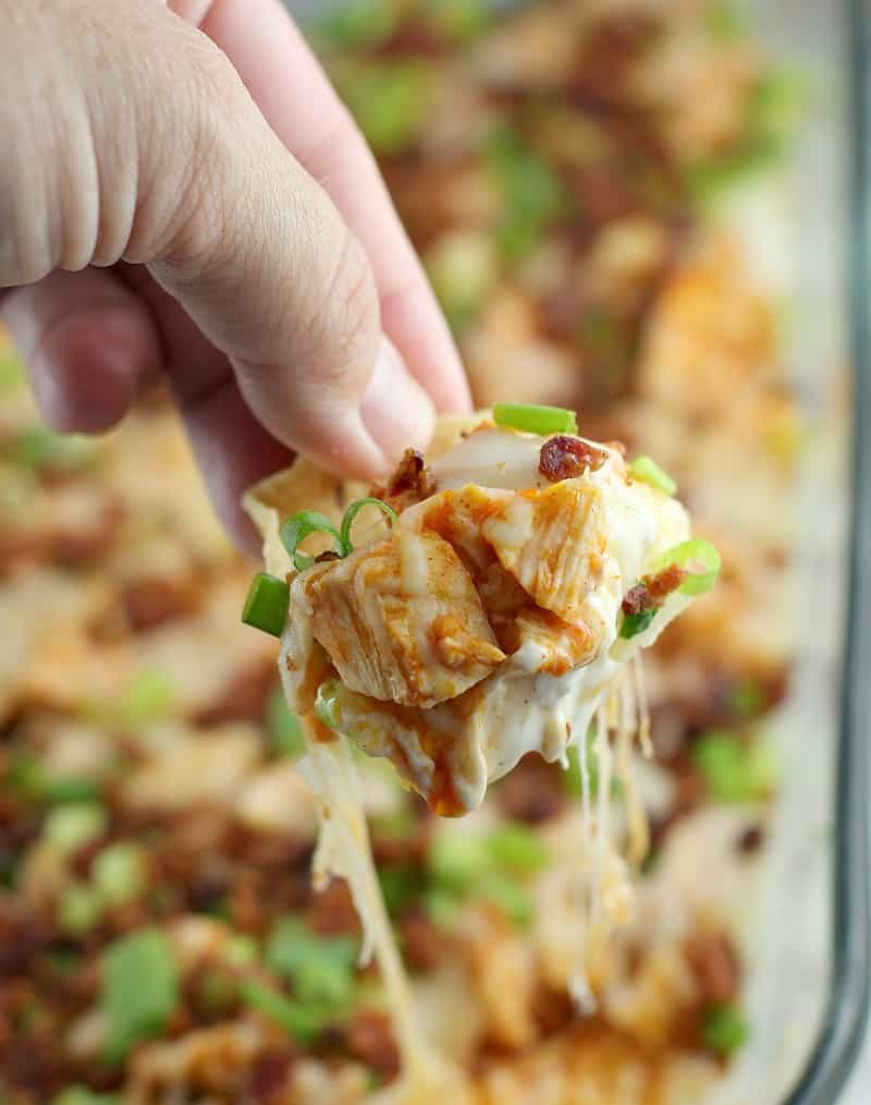 Close in view of a hand holding a scoop tortilla chip to show the juicy chicken with buffalo sauce