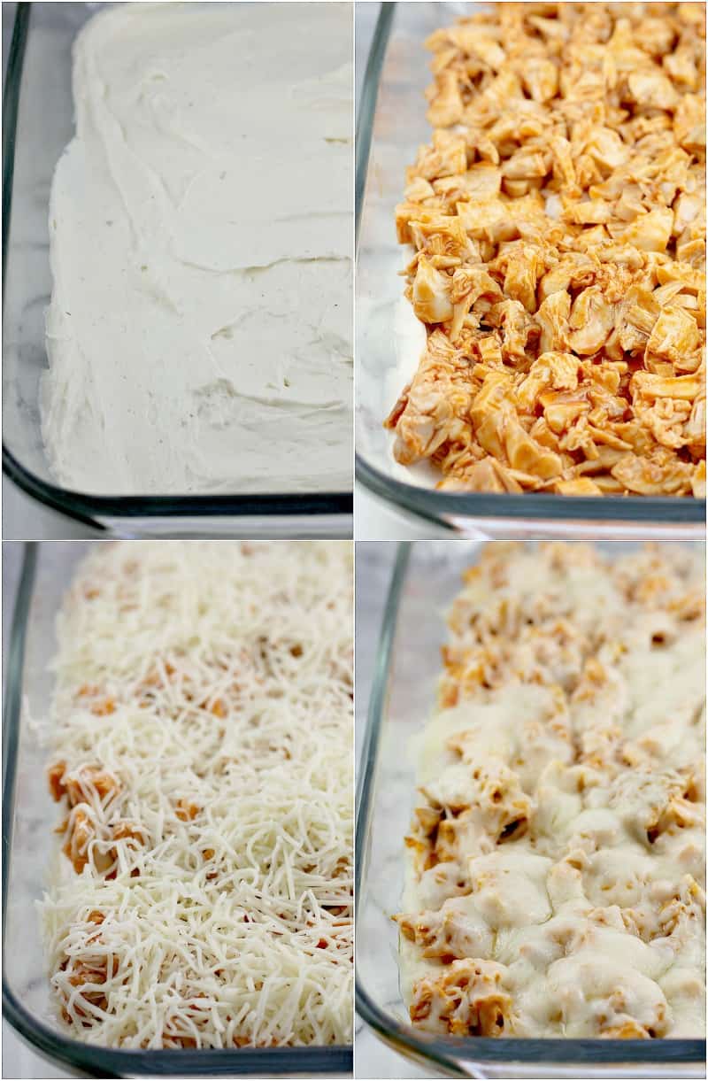 Collage of 4 photos showing the different layers: cream cheese layer, chicken, cheese (uncooked), cheese (cooked)