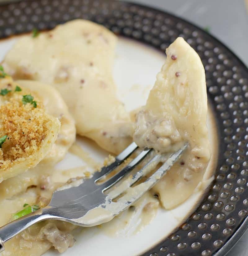 Cheesy Beer and Sausage Pierogi Bake