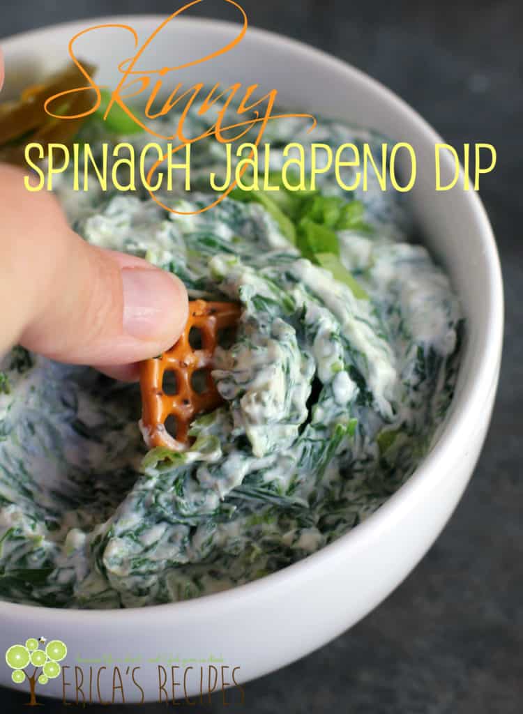 Skinny Spinach Jalapeno Dip has a little zip but is not spicy (trust!). You will never go back to plain spinach dip again. #dip #party #healthyrecipe #spinachdip