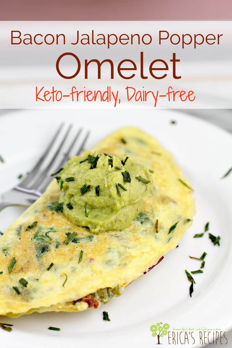 This satisfying, dairy-free Bacon Jalapeno Popper Omelet is loaded with healthy greens, satiating fat, and protein. If you looking for a low carb or keto breakfast option, this recipe is a must-try. #keto #ketobreakfast #jalapenopopper #bacon #recipes #food #lowcarb #healthyrecipe #dairyfree #glutenfree