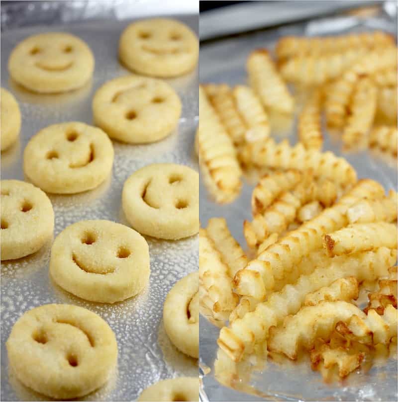 collage showing the two potato products: mashed potato smiles shapes and cooked crinkle fries