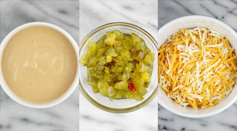 collage showing top views of more quesadilla ingredients, each in its own bowl: burger sauce, chopped pickle, and cheddar-mozzarella mixture