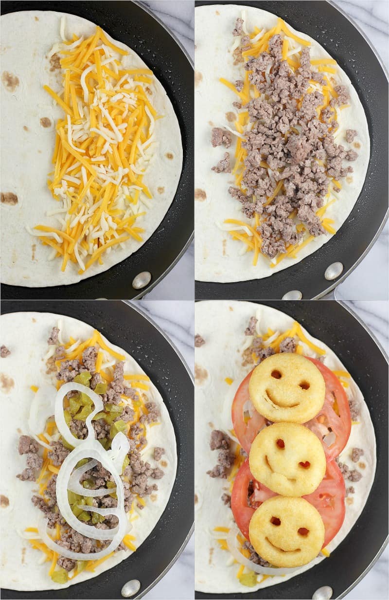 4 photo collage showing the layering process of ingredients to make the quesadilla (top views in the pan)
