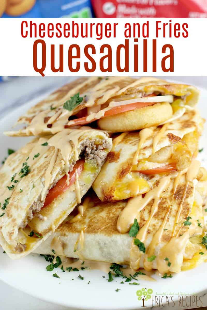 Cheeseburger and Fries Quesadilla! Ground beef, pickle, onion, tomato, french fries and plenty of cheese served in a toasty quesadilla tortilla and finished with homemade burger sauce. #MyMcCainPotatoes #Ad #McCainPotatoes #burger #recipe #frenchfries #quesadilla #funfood #footballfood #partyideas