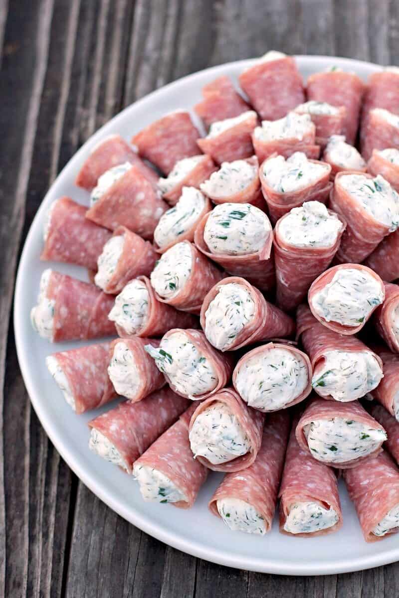 salami rollup on a white plate