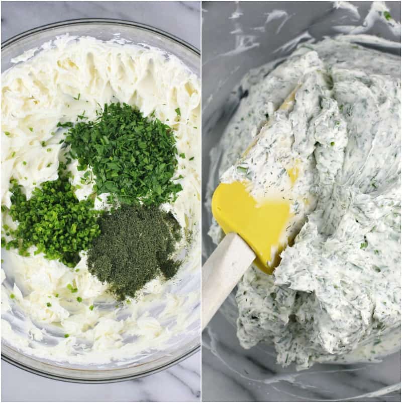 collage of 2 photos: herbs added to cream cheese; mixed filling