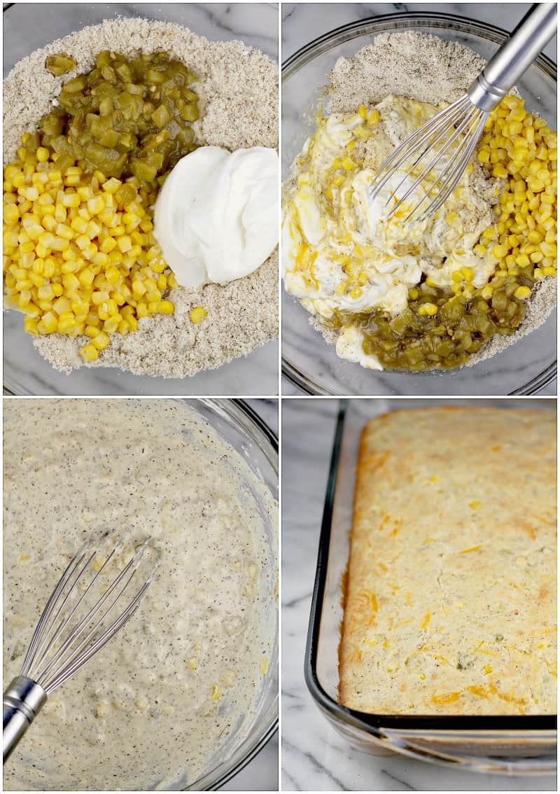 Collage showing the biscuit layer, 4 photos: almond flour, sour cream, green chile, and corn in a clear glass bowl; whisk combining the ingredients; whisk in the bowl with prepared low carb biscuit batter; cooked biscuit layer in a clear glass bake dish fresh from the oven