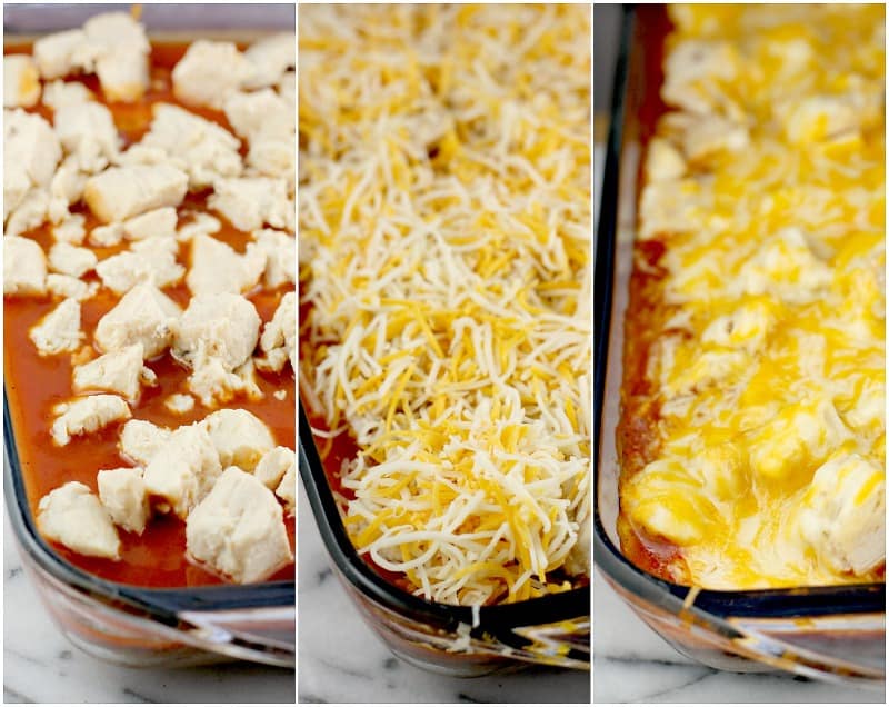 Collage of 3 photos: chicken layer on enchilada sauce; shredded cheese (not yet cooked); cooked casserole with melted cheese