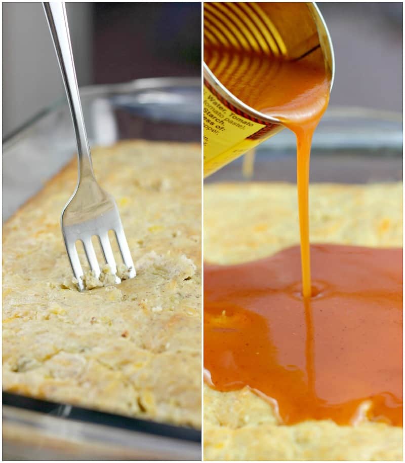 Collage of 2 photos; fork pricking the cooked biscuit layer all over; enchilada sauce being poured from the can onto the biscuit layer