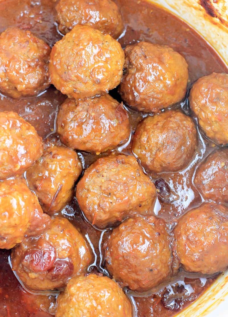 top down view of the saucy meatballs in a white crockpot